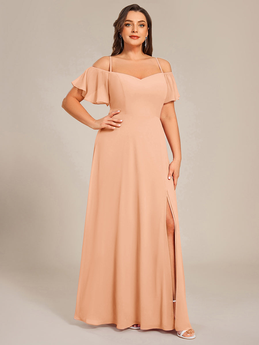 Off Shoulder High Slit Chiffon Flowy Bridesmaid Dress #color_Peach