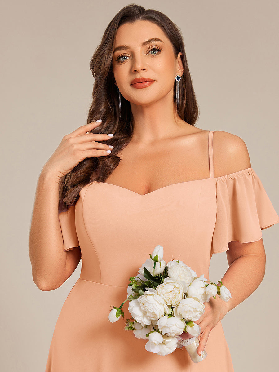 Off Shoulder High Slit Chiffon Flowy Bridesmaid Dress #color_Peach