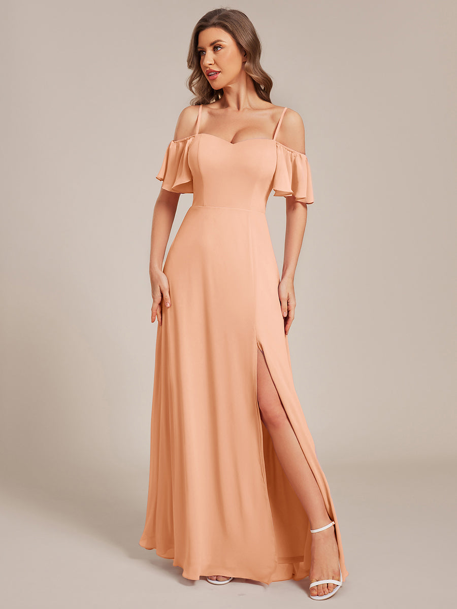 Off Shoulder High Slit Chiffon Flowy Bridesmaid Dress #color_Peach