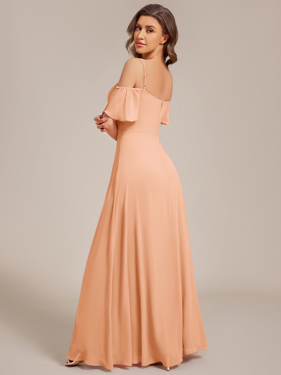 Off Shoulder High Slit Chiffon Flowy Bridesmaid Dress #color_Peach