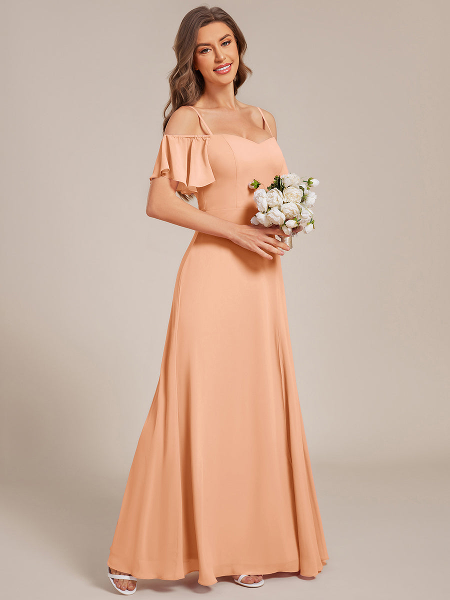 Off Shoulder High Slit Chiffon Flowy Bridesmaid Dress #color_Peach