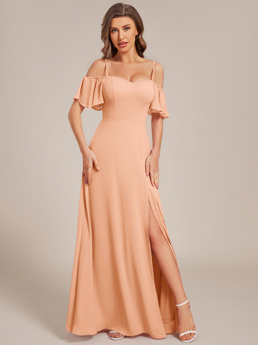 Off Shoulder High Slit Chiffon Flowy Bridesmaid Dress #color_Peach