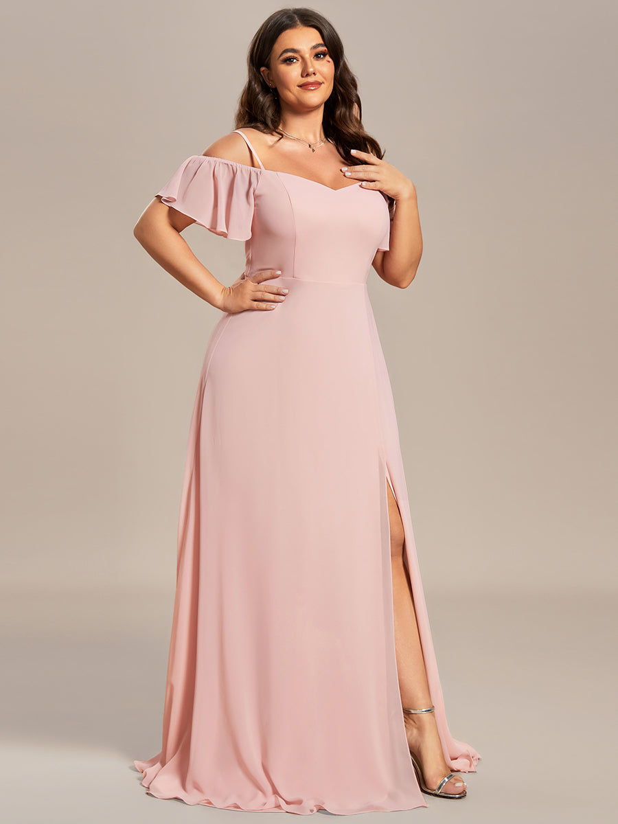 Plus Size Cold Shoulder Formal Bridesmaid Dress with Side Slit #color_Pink