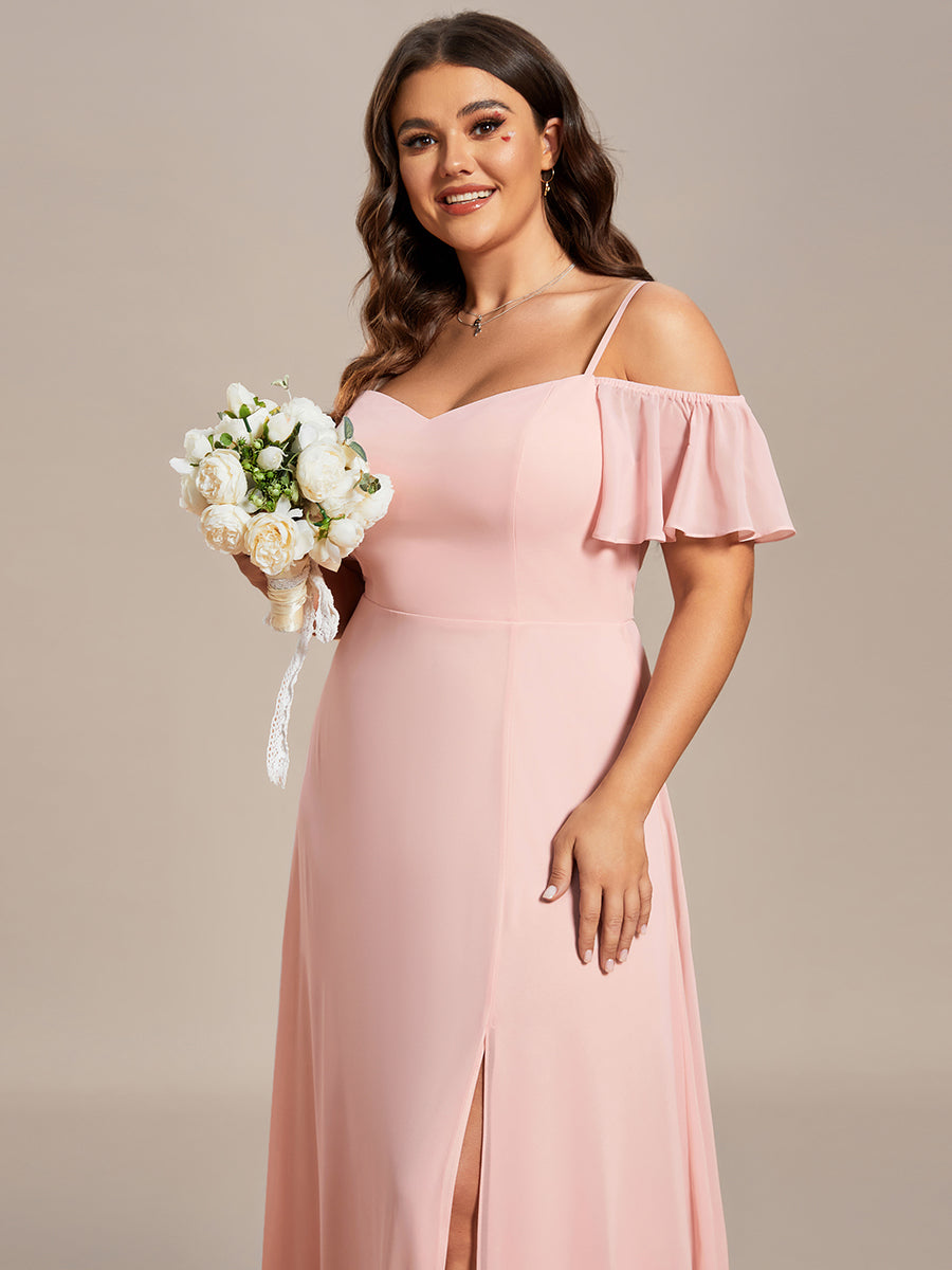 Plus Size Cold Shoulder Formal Bridesmaid Dress with Side Slit #color_Pink