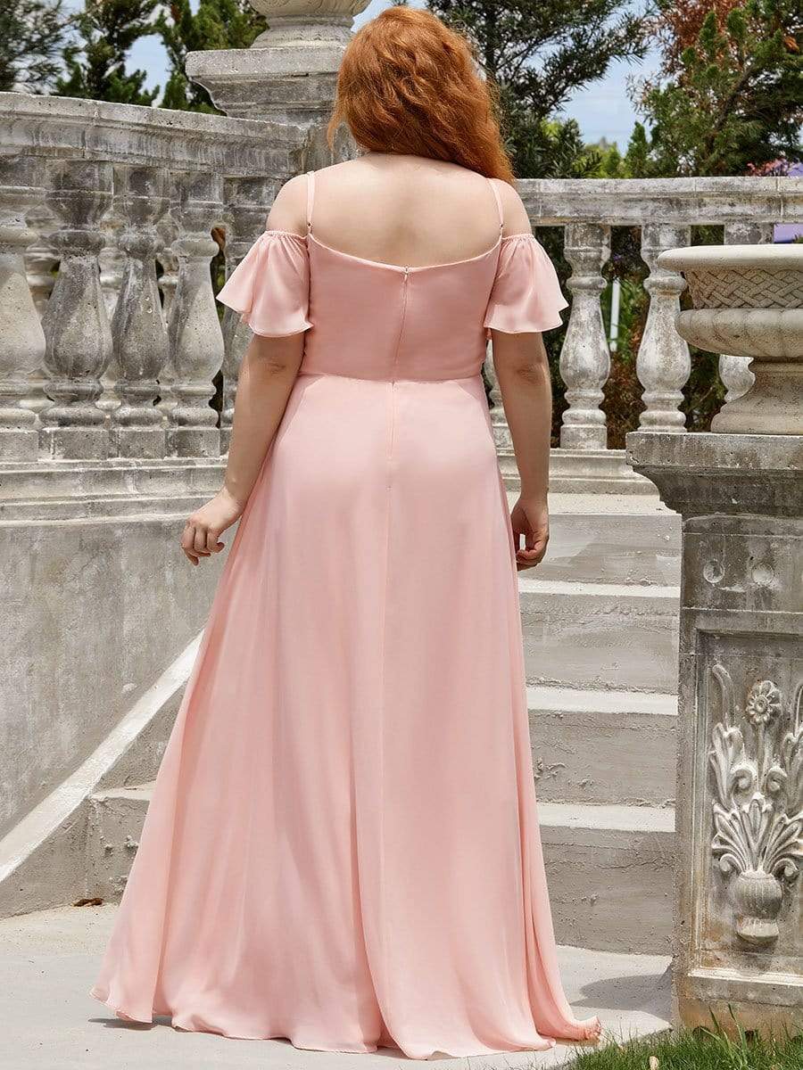 Plus Size Cold Shoulder Formal Bridesmaid Dress with Side Slit #color_Pink