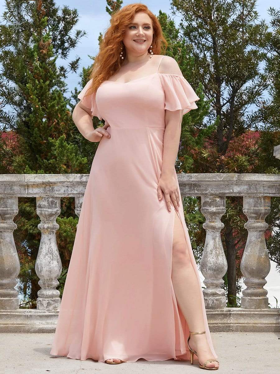 Stylish Cold Shoulder Flare Sleeves Flowy Bridesmaid Dress #color_Pink 