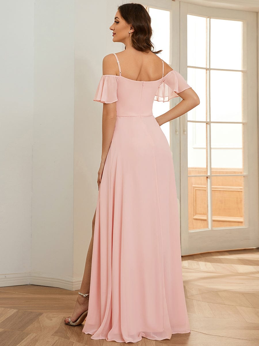 Stylish Cold Shoulder Flare Sleeves Flowy Bridesmaid Dress #color_Pink