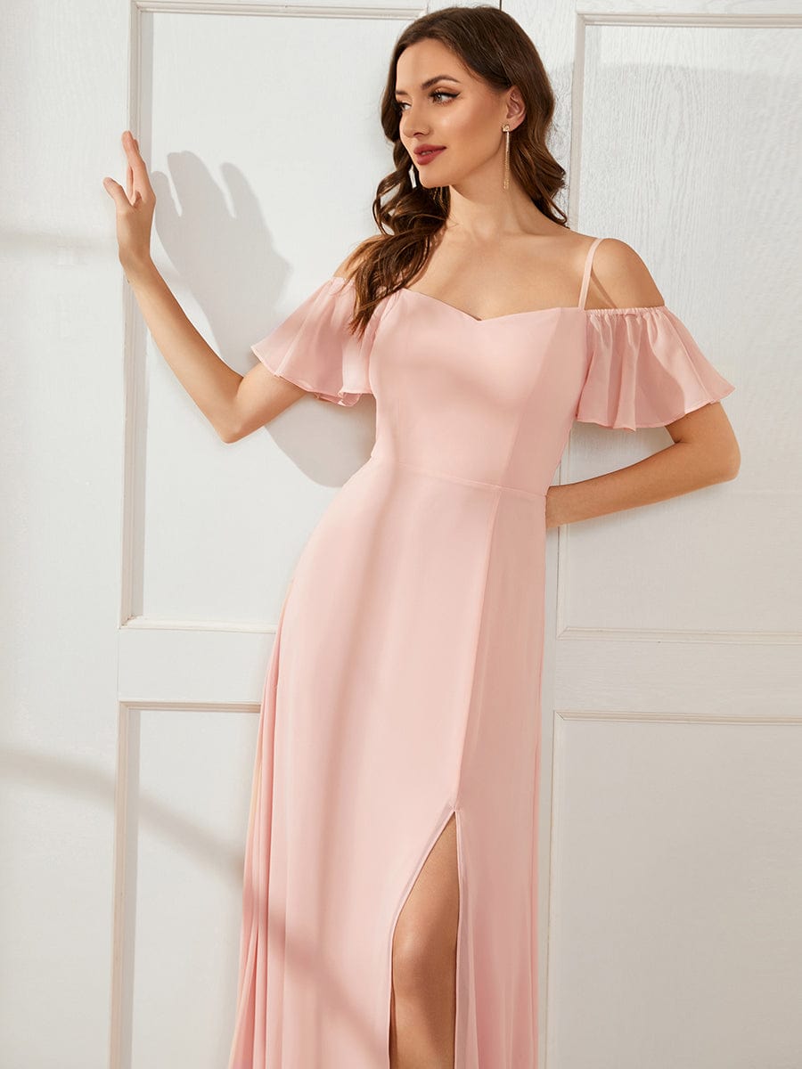 Stylish Cold Shoulder Flare Sleeves Flowy Bridesmaid Dress #color_Pink