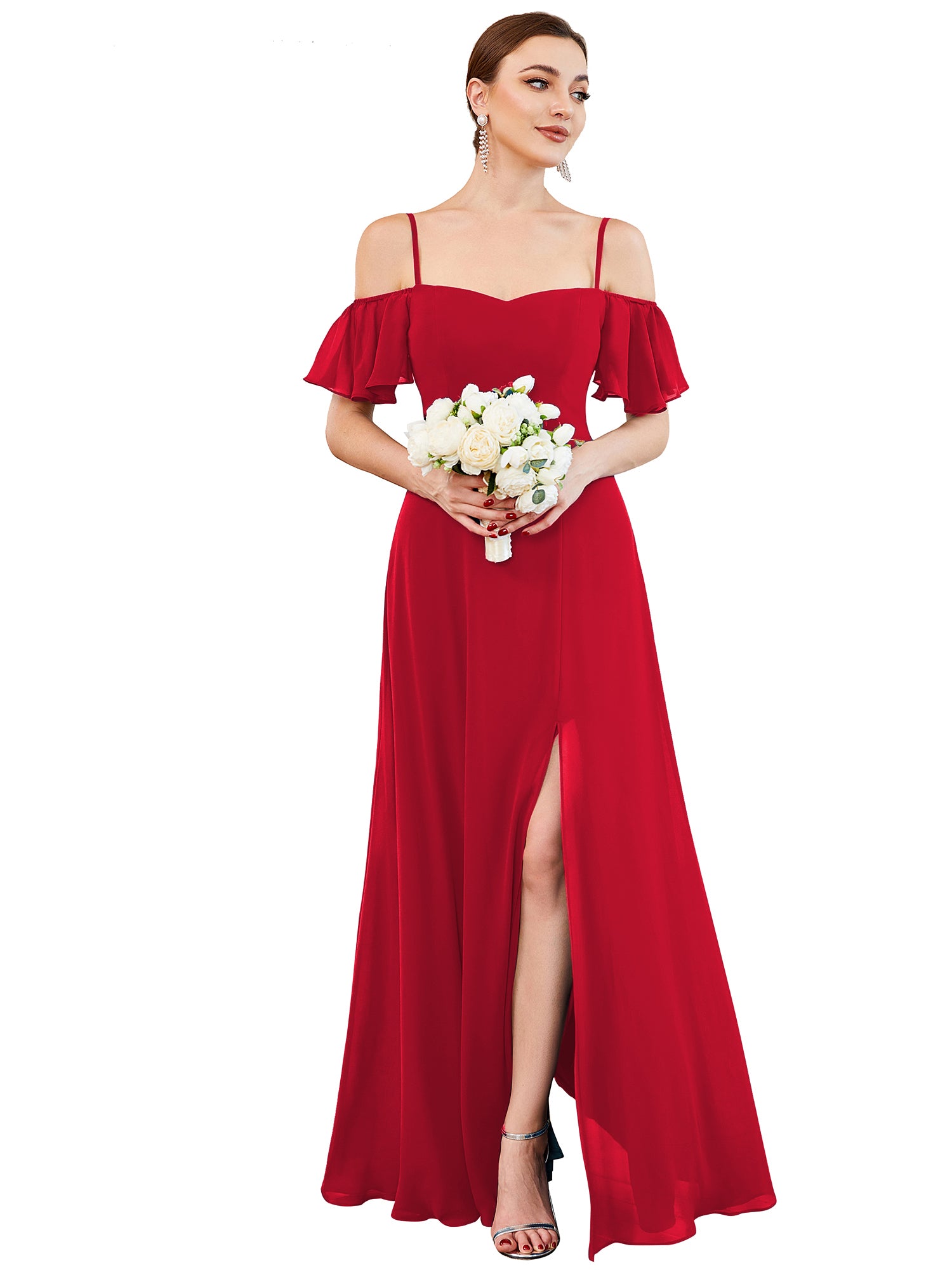 Off Shoulder High Slit Chiffon Flowy Bridesmaid Dress #color_Red