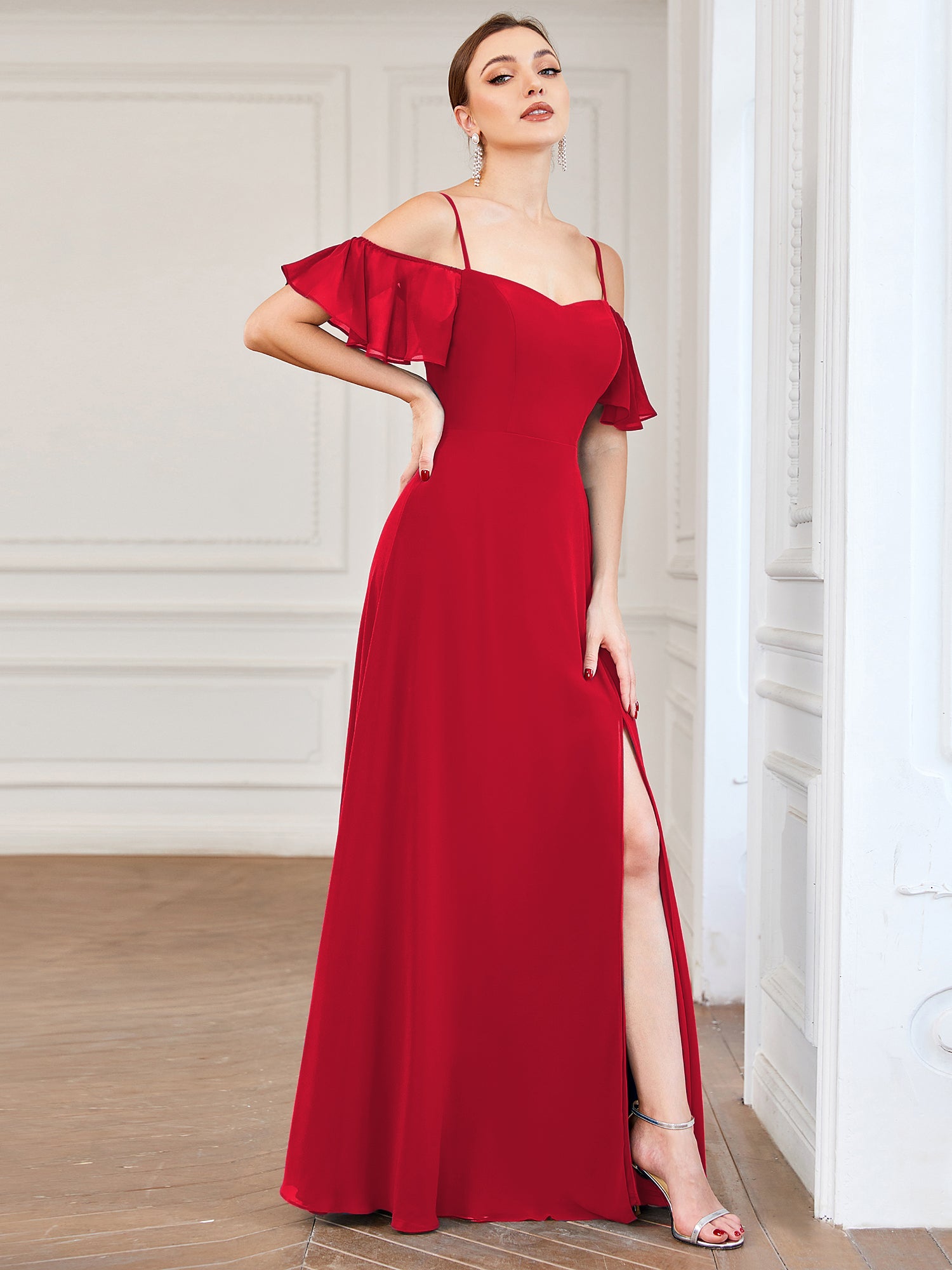 Off Shoulder High Slit Chiffon Flowy Bridesmaid Dress #color_Red