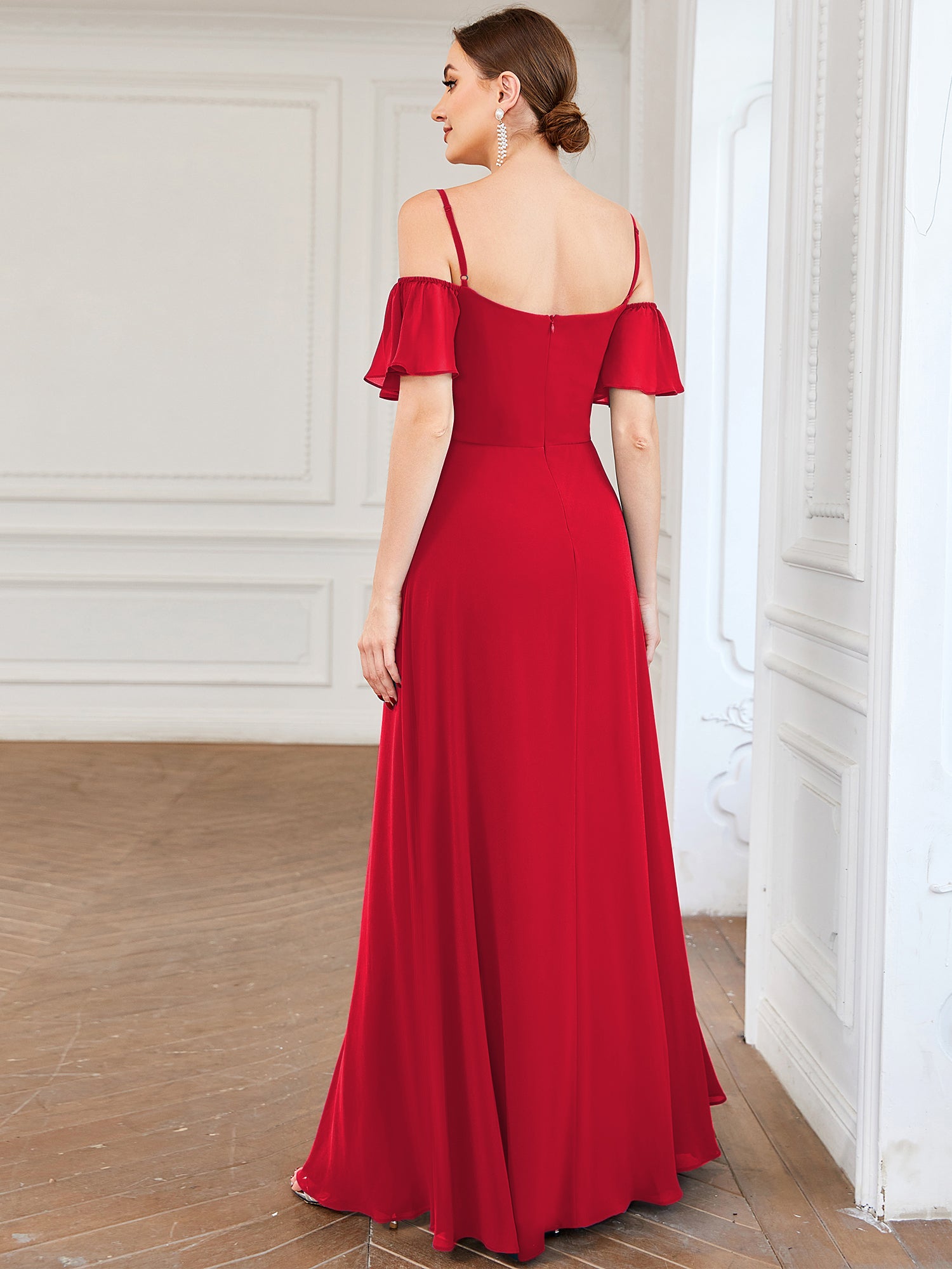 Off Shoulder High Slit Chiffon Flowy Bridesmaid Dress #color_Red