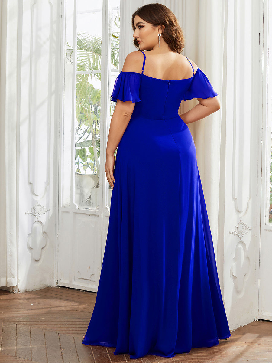 Off Shoulder High Slit Chiffon Flowy Bridesmaid Dress #color_Sapphire Blue