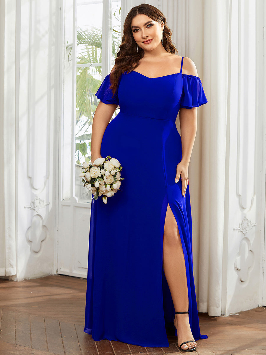 Off Shoulder High Slit Chiffon Flowy Bridesmaid Dress #color_Sapphire Blue