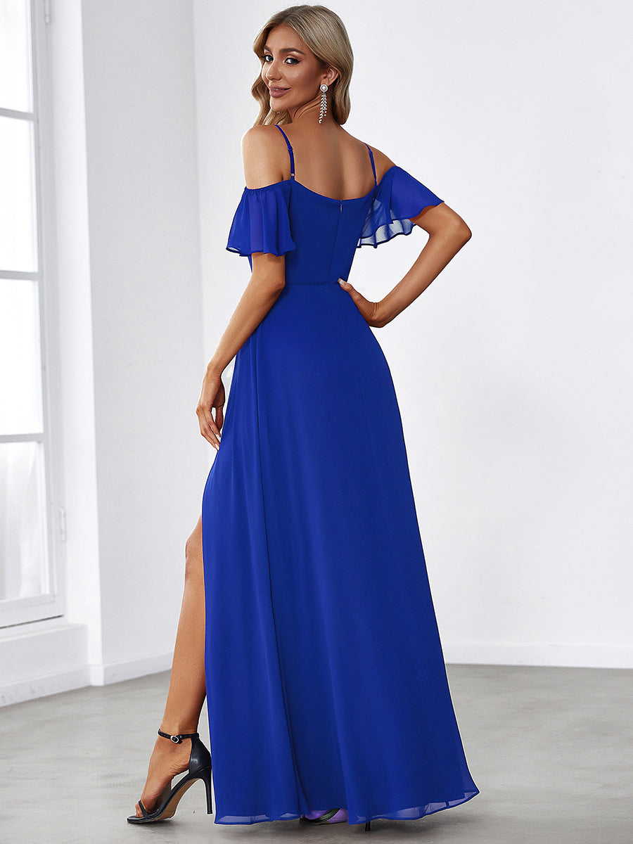 Off Shoulder High Slit Chiffon Flowy Bridesmaid Dress #color_Sapphire Blue