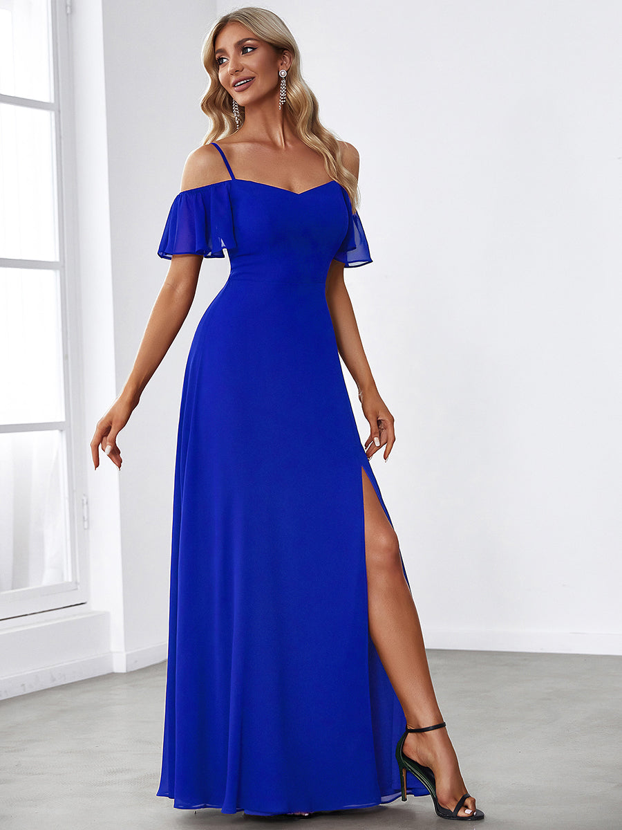 Off Shoulder High Slit Chiffon Flowy Bridesmaid Dress #color_Sapphire Blue