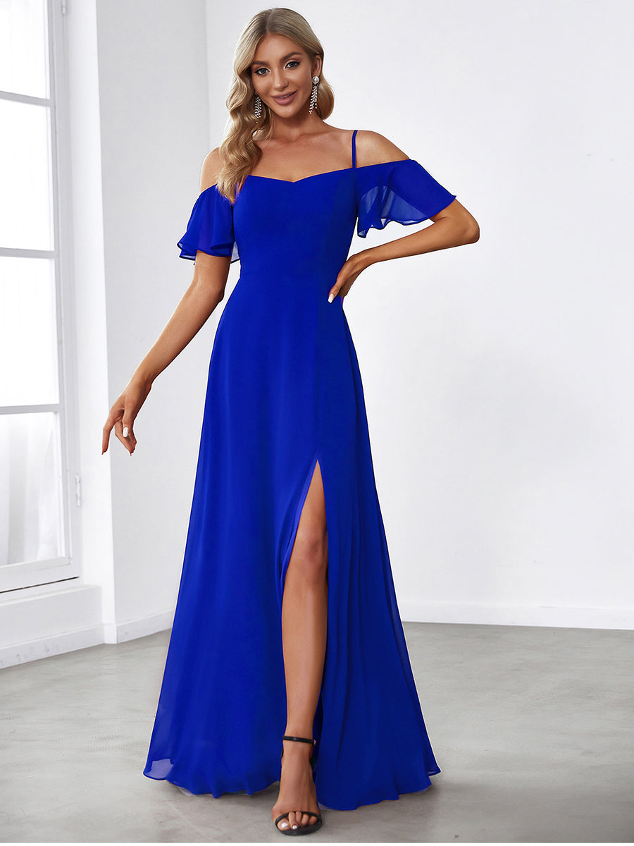 Off Shoulder High Slit Chiffon Flowy Bridesmaid Dress #color_Sapphire Blue