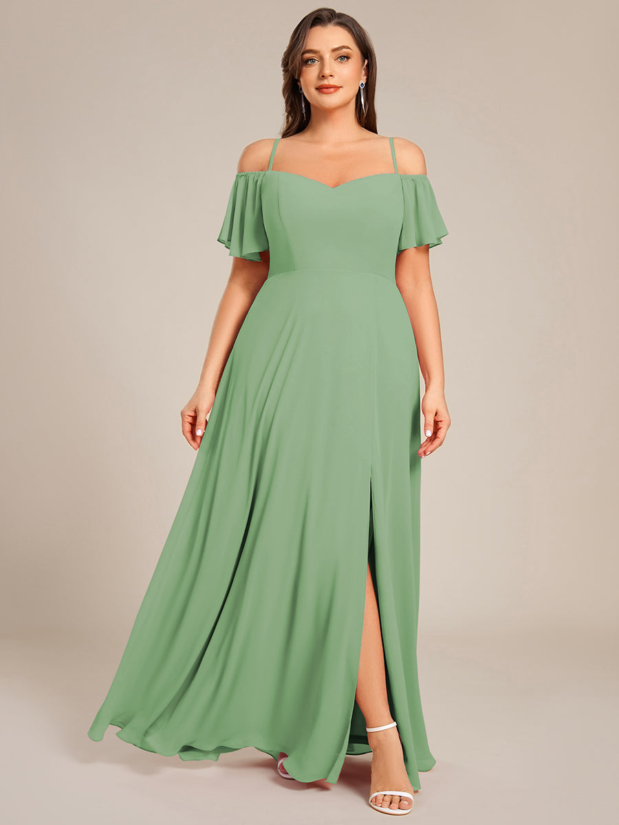 Off Shoulder High Slit Chiffon Flowy Bridesmaid Dress #color_Sage Green