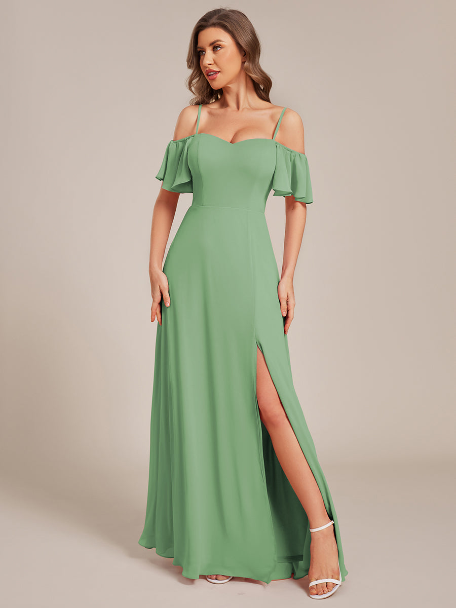 Off Shoulder High Slit Chiffon Flowy Bridesmaid Dress #color_Sage Green