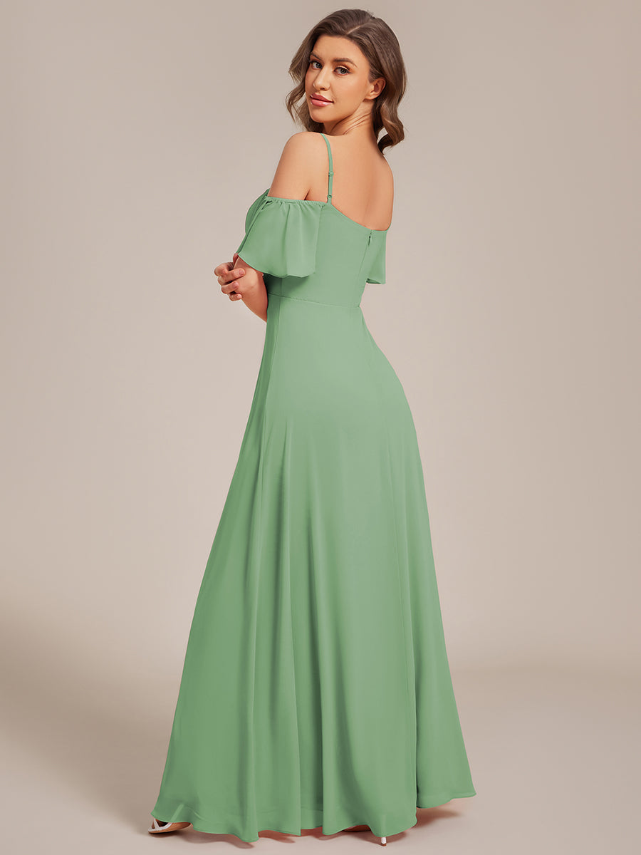 Off Shoulder High Slit Chiffon Flowy Bridesmaid Dress #color_Sage Green