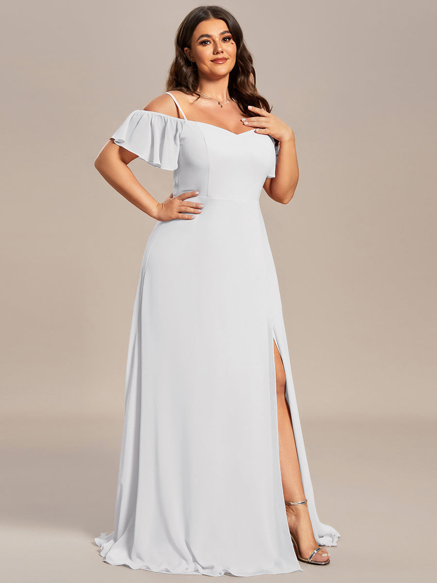 Stylish Cold Shoulder Flare Sleeves Flowy Bridesmaid Dress #color_White