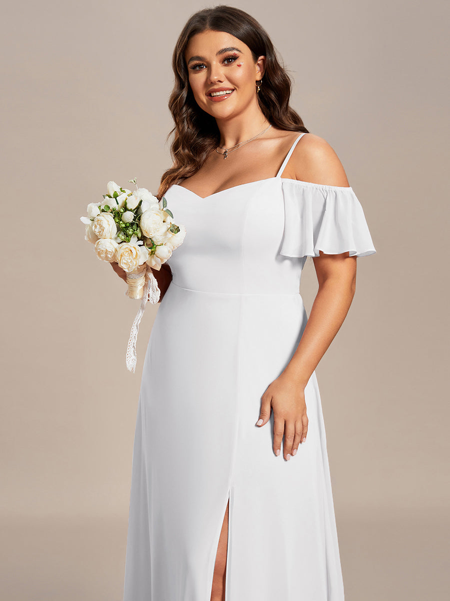 Stylish Cold Shoulder Flare Sleeves Flowy Bridesmaid Dress #color_White