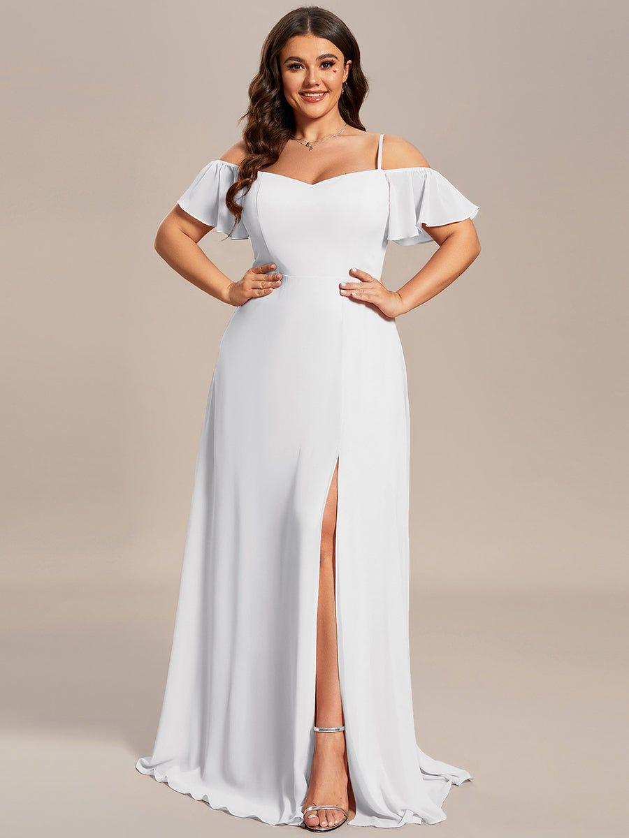 Stylish Cold Shoulder Flare Sleeves Flowy Bridesmaid Dress #color_White