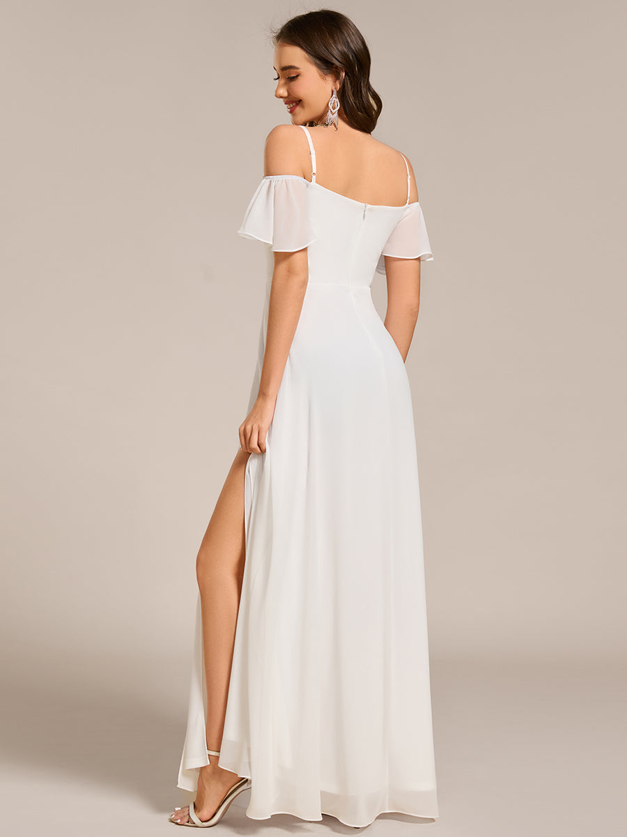 Stylish Cold Shoulder Flare Sleeves Flowy Bridesmaid Dress #color_White