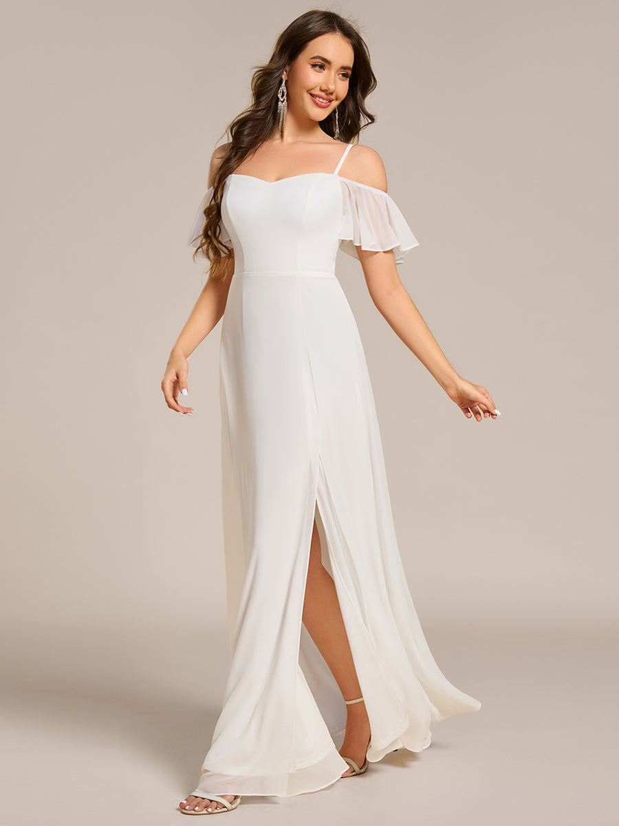 Stylish Cold Shoulder Flare Sleeves Flowy Bridesmaid Dress #color_White