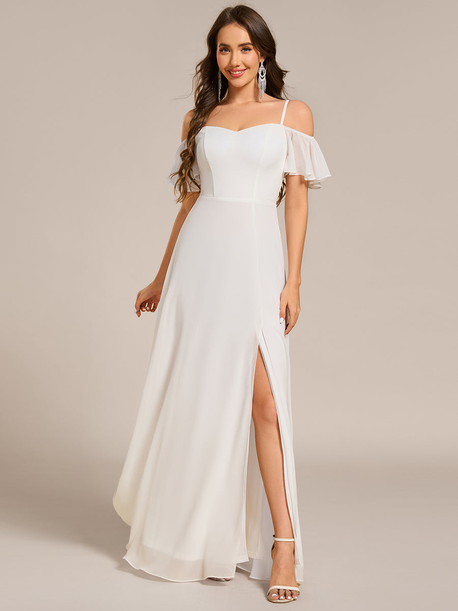 Stylish Cold Shoulder Flare Sleeves Flowy Bridesmaid Dress #color_White