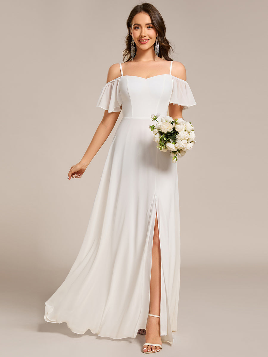 Stylish Cold Shoulder Flare Sleeves Flowy Bridesmaid Dress #color_White