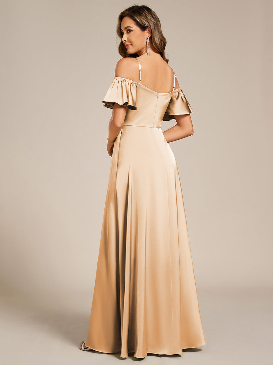 Short Sleeve Off Shoulder A-Line Satin Bridesmaid Dress #color_Champagne