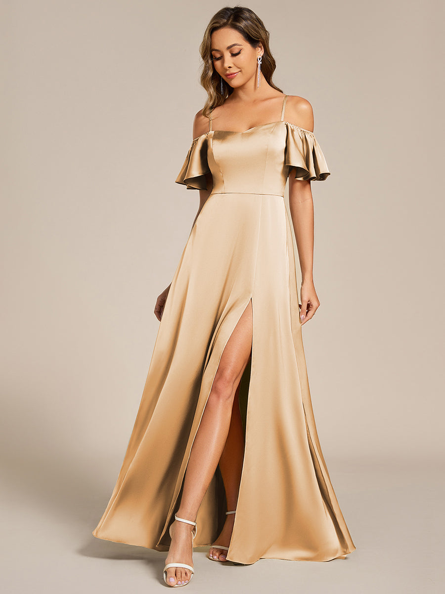 Short Sleeve Off Shoulder A-Line Satin Bridesmaid Dress #color_Champagne