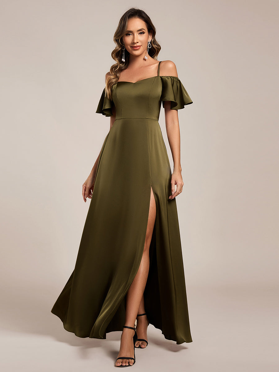 Short Sleeve Off Shoulder A-Line Satin Bridesmaid Dress #color_Olive Green