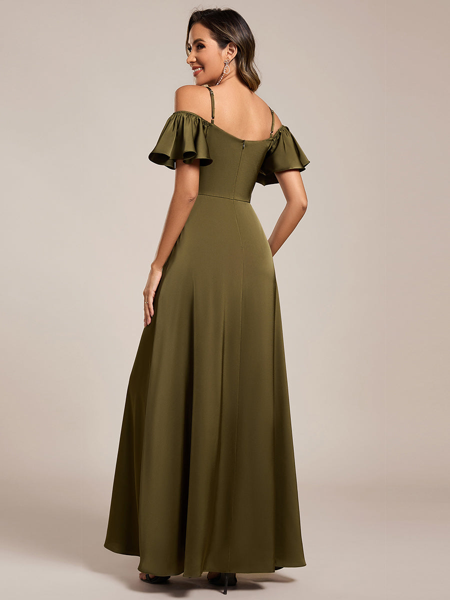 Short Sleeve Off Shoulder A-Line Satin Bridesmaid Dress #color_Olive Green