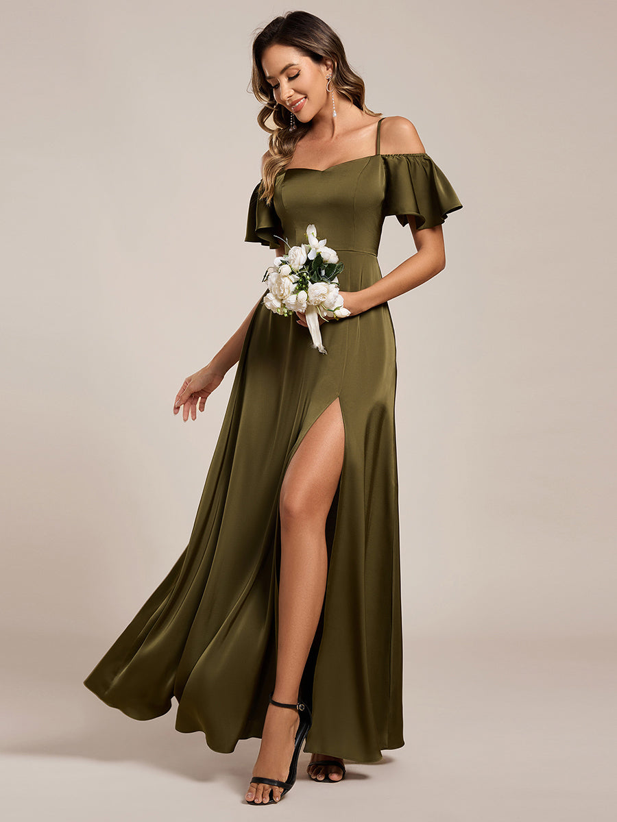 Short Sleeve Off Shoulder A-Line Satin Bridesmaid Dress #color_Olive Green