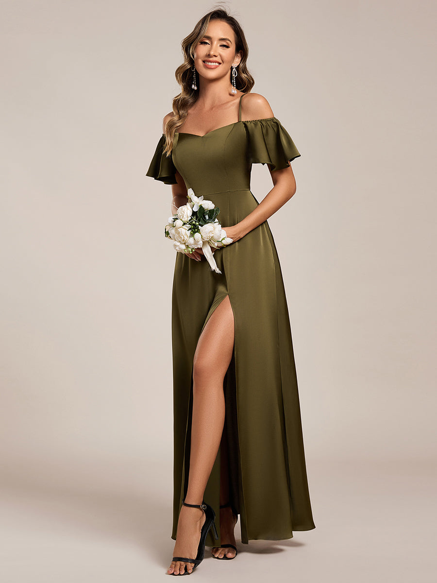 Short Sleeve Off Shoulder A-Line Satin Bridesmaid Dress #color_Olive Green