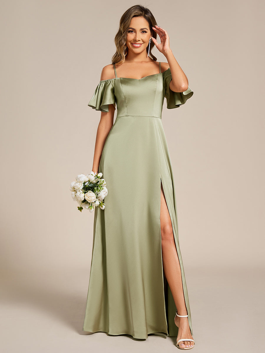 Short Sleeve Off Shoulder A-Line Satin Bridesmaid Dress #color_Sage Green