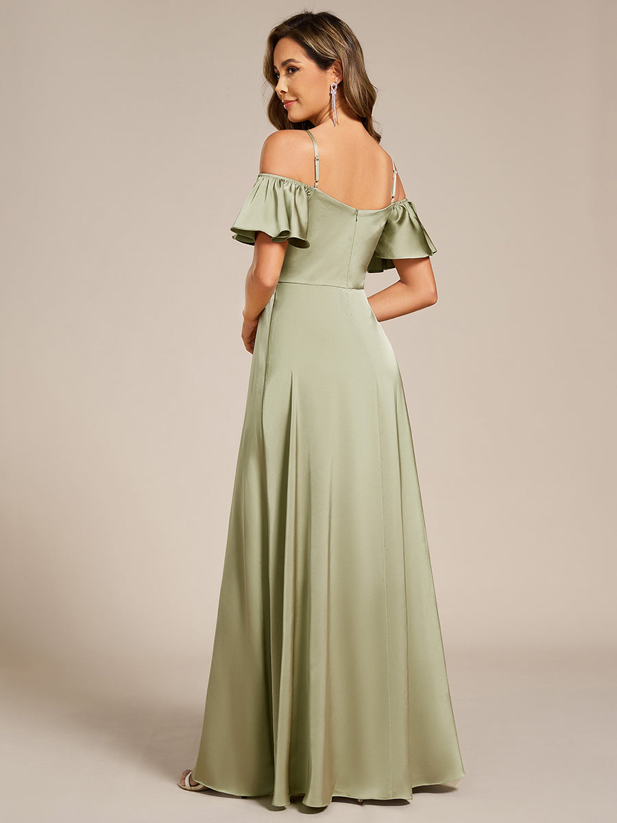 Short Sleeve Off Shoulder A-Line Satin Bridesmaid Dress #color_Sage Green