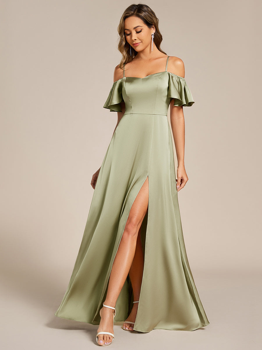 Short Sleeve Off Shoulder A-Line Satin Bridesmaid Dress #color_Sage Green