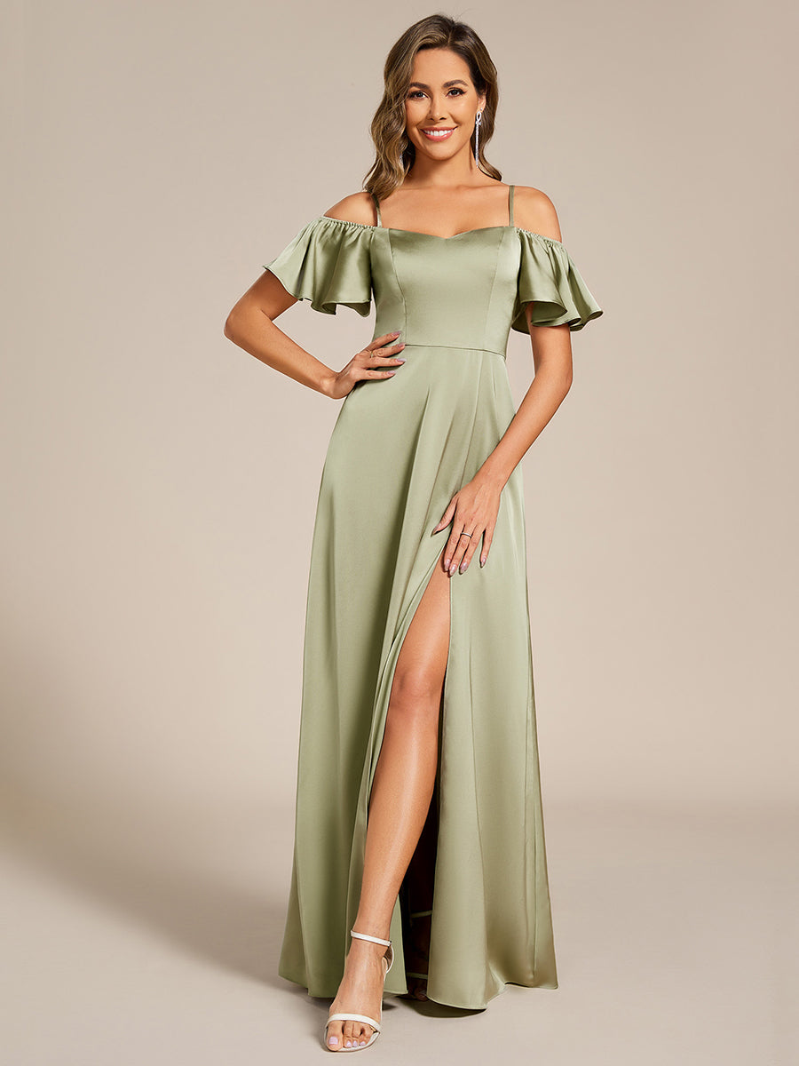 Short Sleeve Off Shoulder A-Line Satin Bridesmaid Dress #color_Sage Green