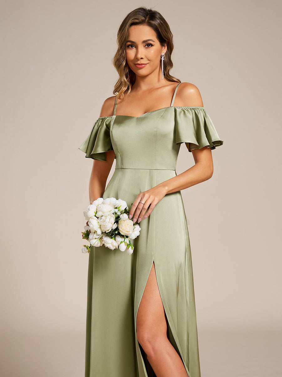 Short Sleeve Off Shoulder A-Line Satin Bridesmaid Dress #color_Sage Green