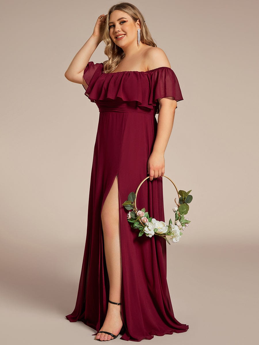 Plus Size Off the Shoulder Formal Bridesmaid Dress with Thigh Split #color_Burgundy 