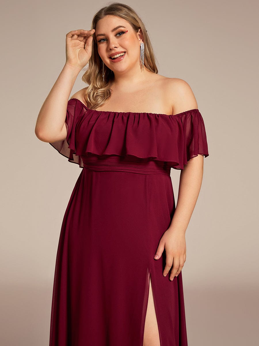 Plus Size Off the Shoulder Formal Bridesmaid Dress with Thigh Split #color_Burgundy 