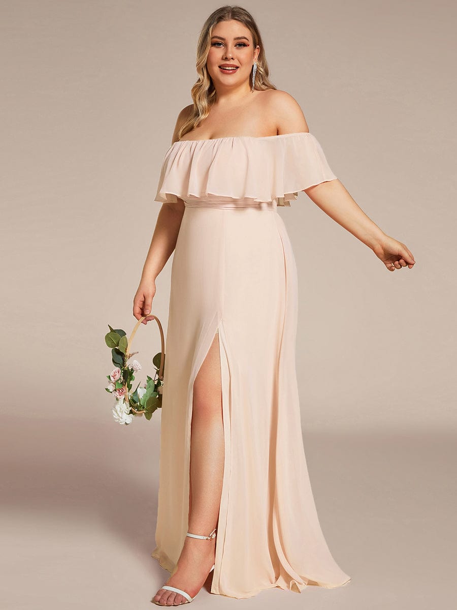 Plus Size Off the Shoulder Formal Bridesmaid Dress with Thigh Split #color_Blush