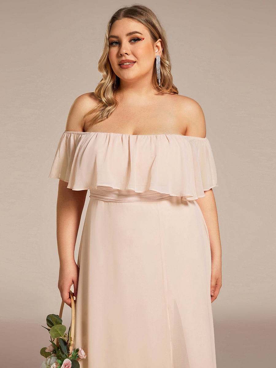 Plus Size Off the Shoulder Formal Bridesmaid Dress with Thigh Split #color_Blush