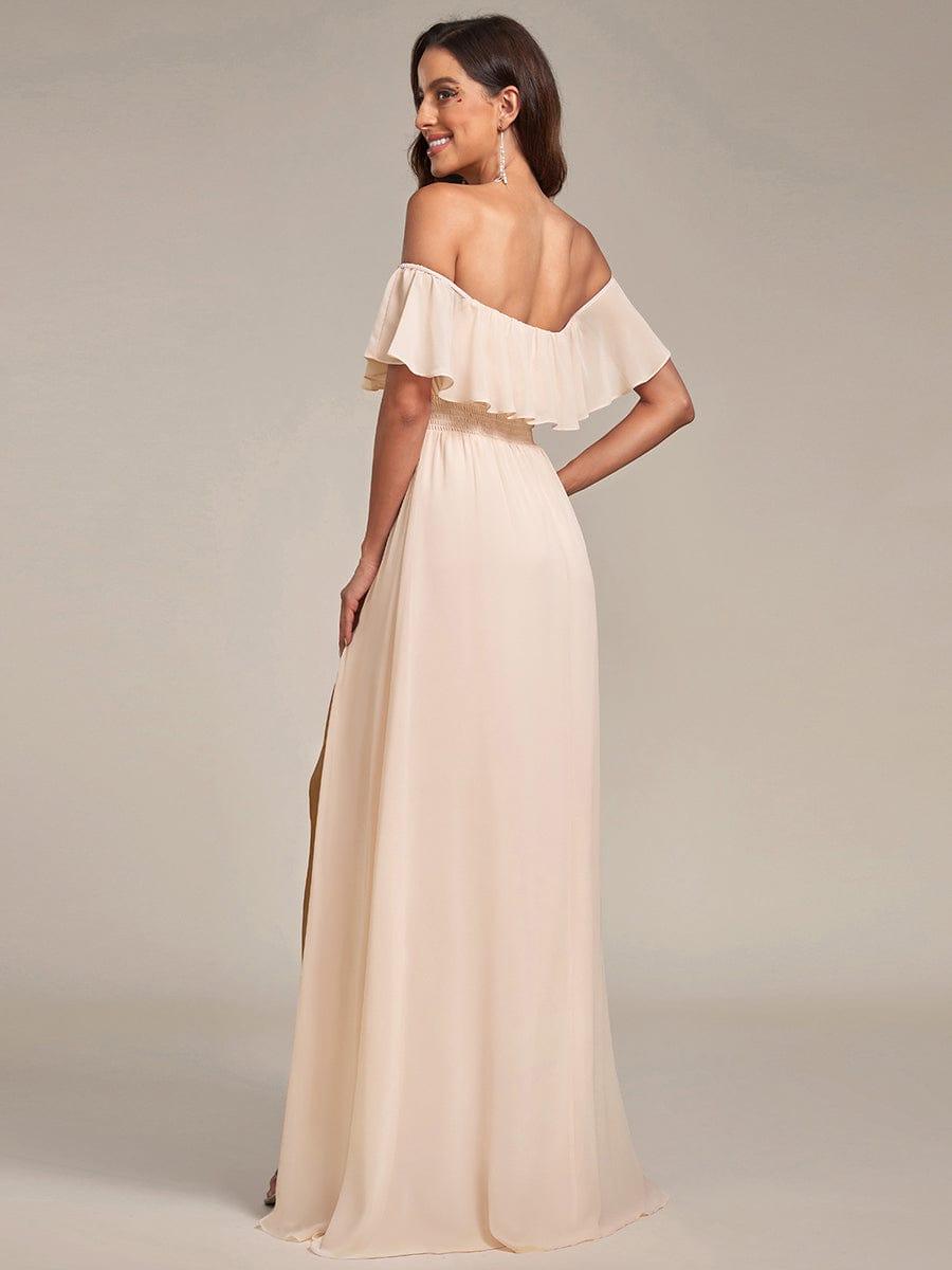 Off the Shoulder Ruffle Bodice Long Flowy Chiffon Bridesmaid Dress #color_Blush