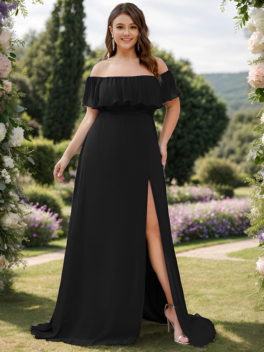 Custom Size Chiffon Ruffle Off Shoulder Thigh Split Bridesmaid Dresses #color_Black