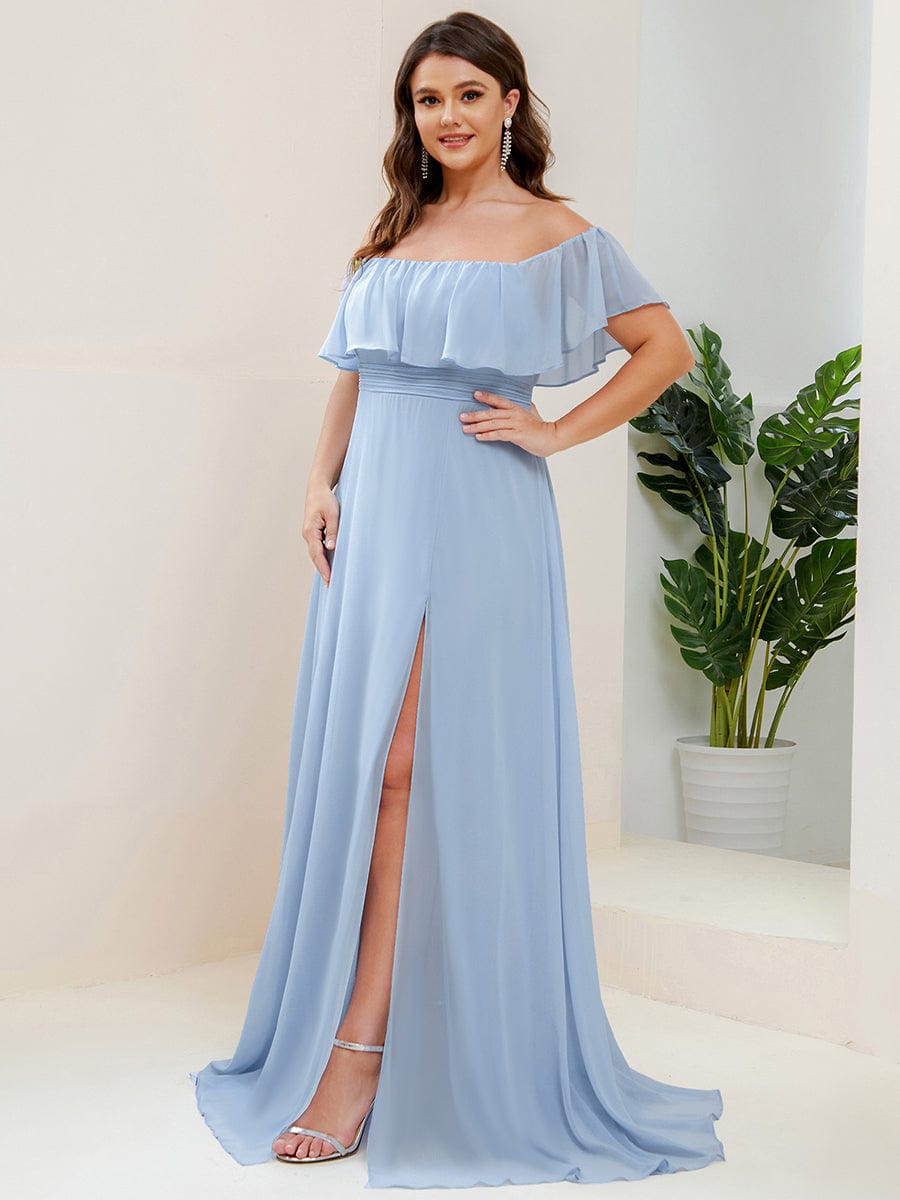 Plus Size Off the Shoulder Formal Bridesmaid Dress with Thigh Split #color_Sky Blue 