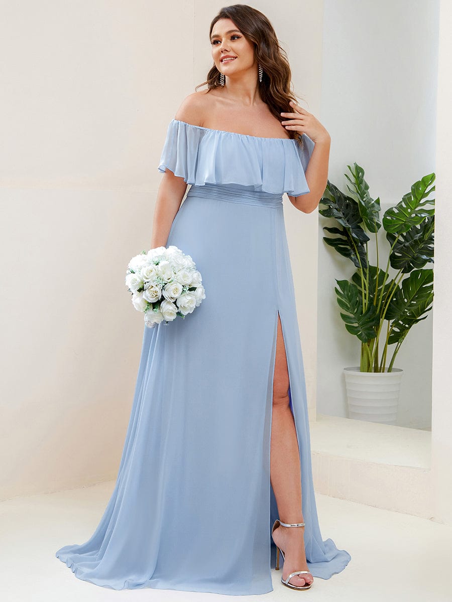 Plus Size Off the Shoulder Formal Bridesmaid Dress with Thigh Split #color_Sky Blue 