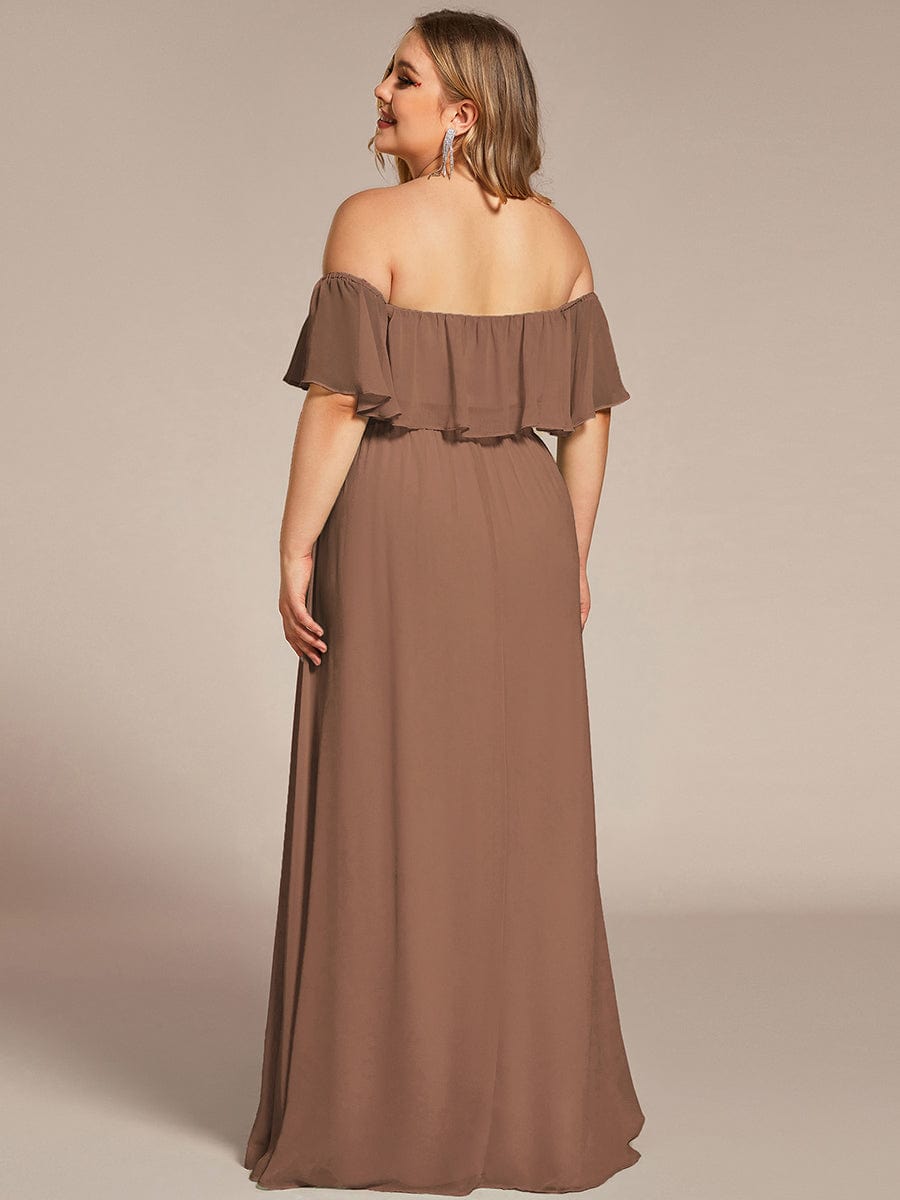 Women's Off Shoulder Ruffle Thigh Split Bridesmaid Dresses #color_Brown